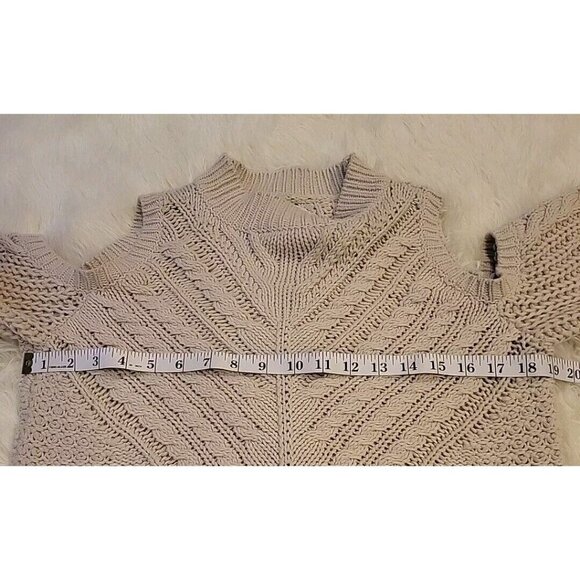 Aeropostale Womens Ivory Tan Cold Shoulder Open Knit Sweater Medium Mock Neck - Picture 9 of 11
